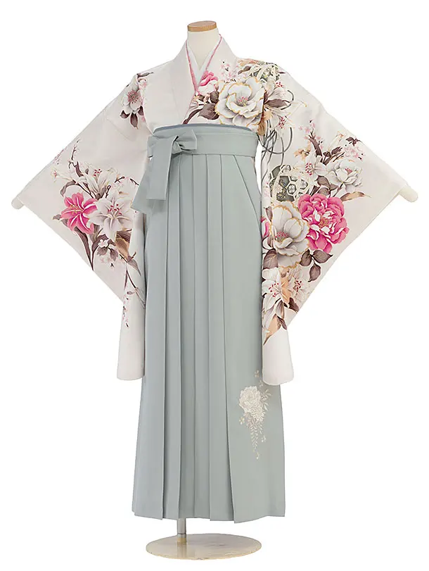 小学生卒業式かんたん袴（女の子）A097 オフホワイト 牡丹ゆり／グレー袴