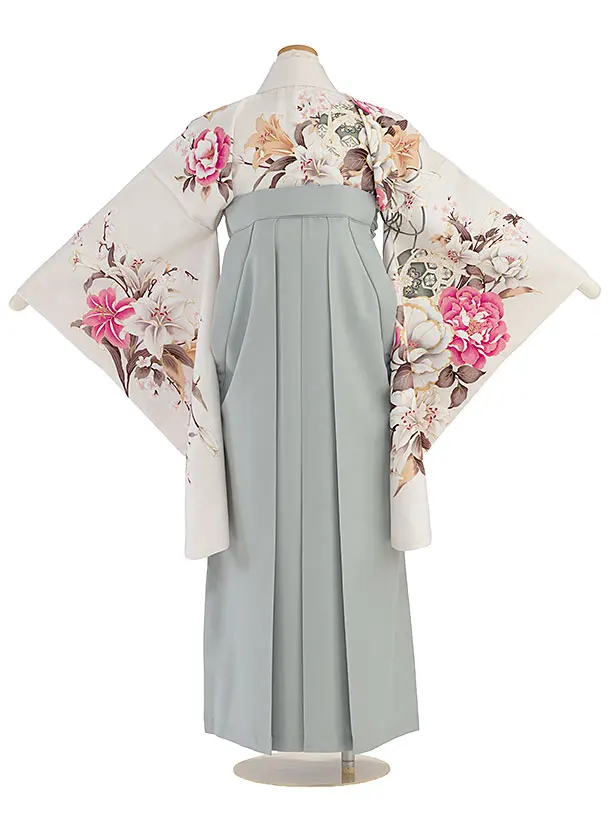 小学生卒業式かんたん袴（女の子）A097 オフホワイト 牡丹ゆり／グレー袴