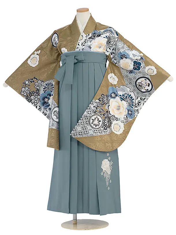 小学生卒業式かんたん袴（女の子）A098 渋茶色 華雪輪／藍鼠色袴