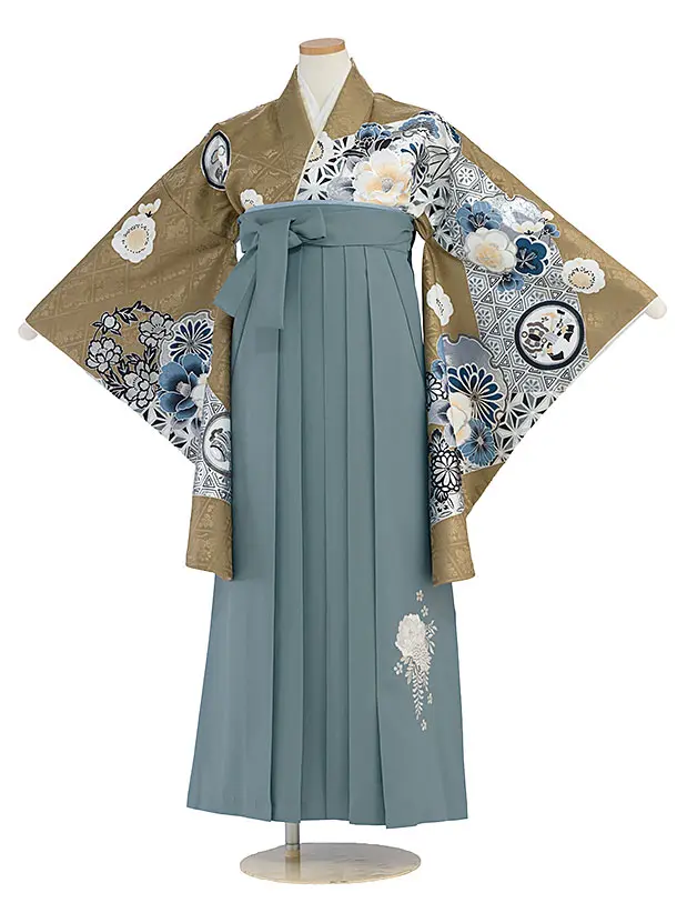 小学生卒業式かんたん袴（女の子）A098 渋茶色 華雪輪／藍鼠色袴