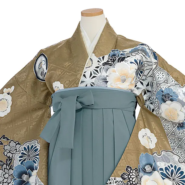 小学生卒業式かんたん袴（女の子）A098 渋茶色 華雪輪／藍鼠色袴