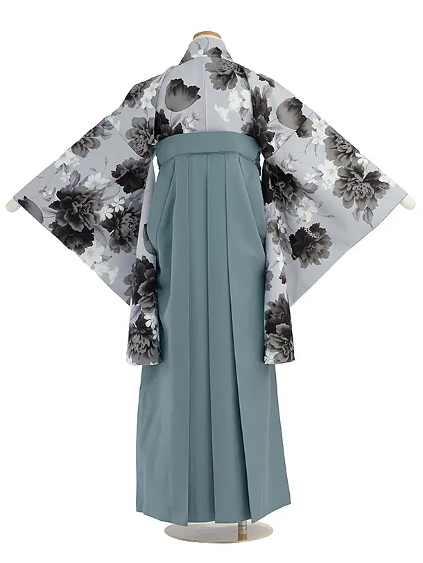 小学生卒業式かんたん袴（女の子）A099 淡グレー 牡丹／藍鼠色袴