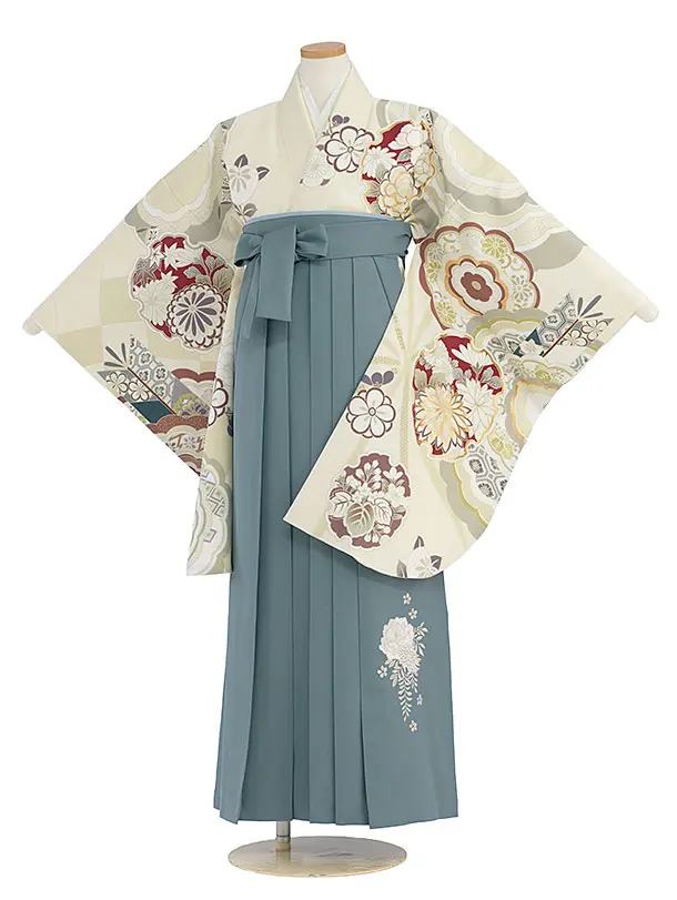 小学生卒業式かんたん袴（女の子）A100 クリーム 華雪輪／藍鼠色袴