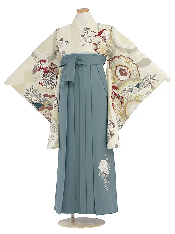 小学生卒業式かんたん袴（女の子）A100 クリーム 華雪輪／藍鼠色袴