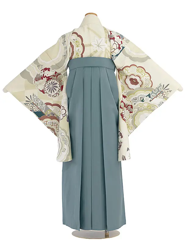 小学生卒業式かんたん袴（女の子）A100 クリーム 華雪輪／藍鼠色袴