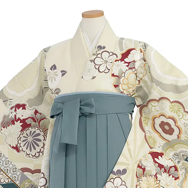 小学生卒業式かんたん袴（女の子）A100 クリーム 華雪輪／藍鼠色袴