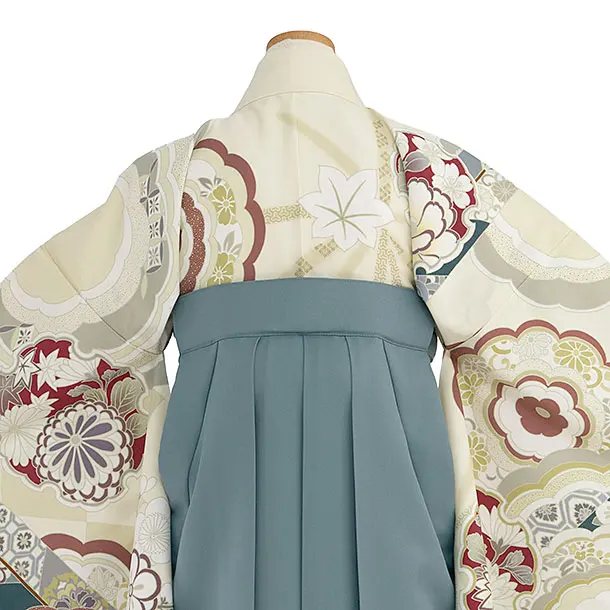 小学生卒業式かんたん袴（女の子）A100 クリーム 華雪輪／藍鼠色袴