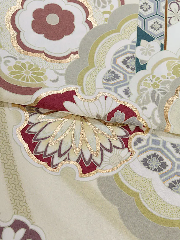 小学生卒業式かんたん袴（女の子）A100 クリーム 華雪輪／藍鼠色袴