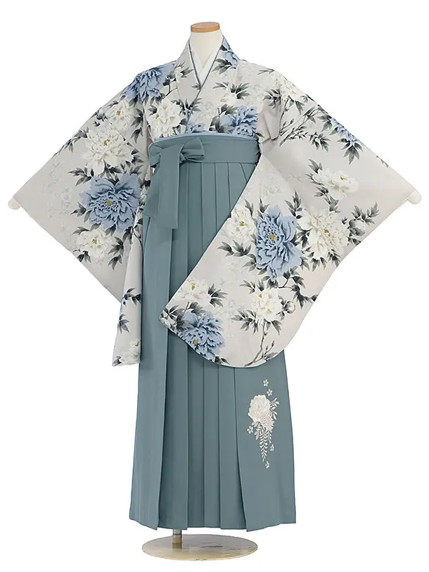 小学生卒業式かんたん袴（女の子）A101 グレージュ 牡丹／藍鼠色袴