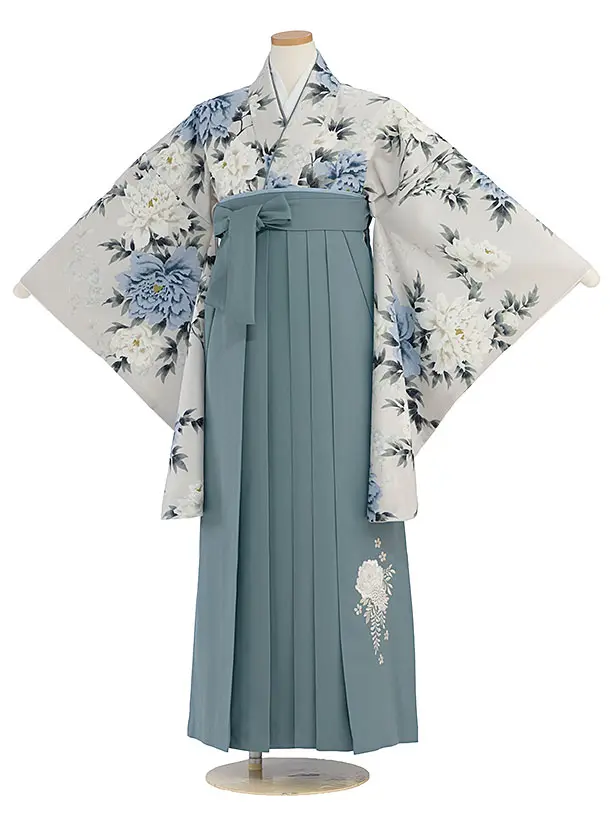 小学生卒業式かんたん袴（女の子）A101 グレージュ 牡丹／藍鼠色袴