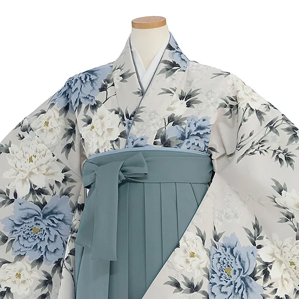 小学生卒業式かんたん袴（女の子）A101 グレージュ 牡丹／藍鼠色袴