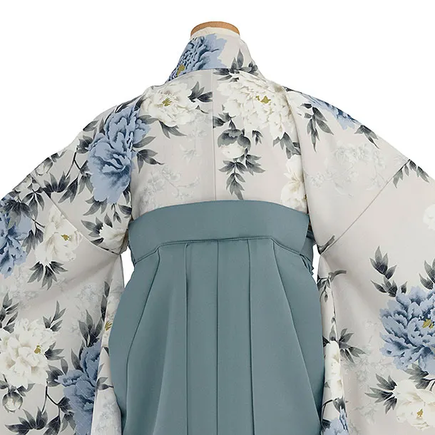 小学生卒業式かんたん袴（女の子）A101 グレージュ 牡丹／藍鼠色袴