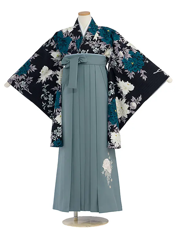 小学生卒業式かんたん袴（女の子）A102 濃紺 牡丹／藍鼠色袴