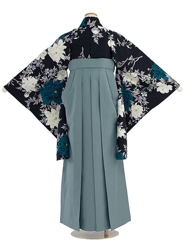 小学生卒業式かんたん袴（女の子）A102 濃紺 牡丹／藍鼠色袴