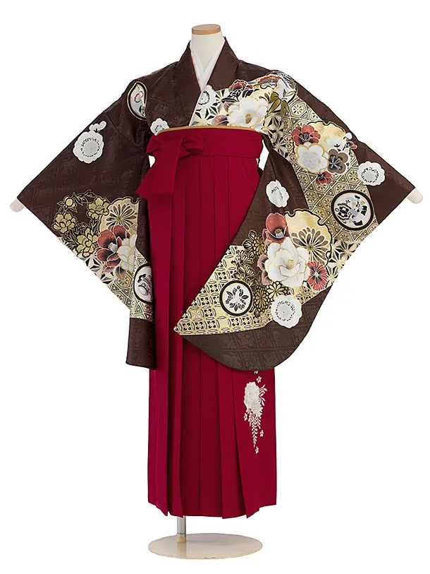 小学生卒業式かんたん袴（女の子）A103 茶色 華雪輪／赤袴