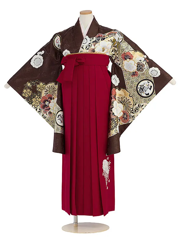 小学生卒業式かんたん袴（女の子）A103 茶色 華雪輪／赤袴