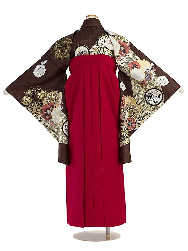 小学生卒業式かんたん袴（女の子）A103 茶色 華雪輪／赤袴