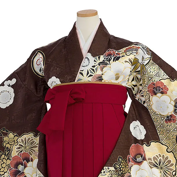 小学生卒業式かんたん袴（女の子）A103 茶色 華雪輪／赤袴