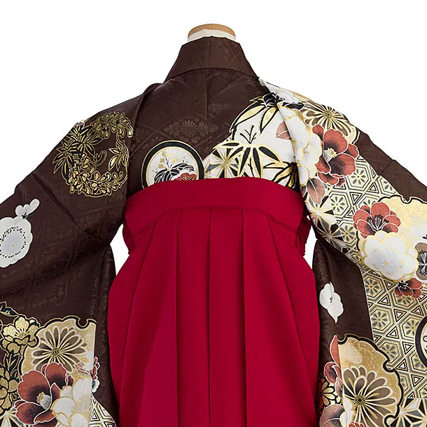 小学生卒業式かんたん袴（女の子）A103 茶色 華雪輪／赤袴