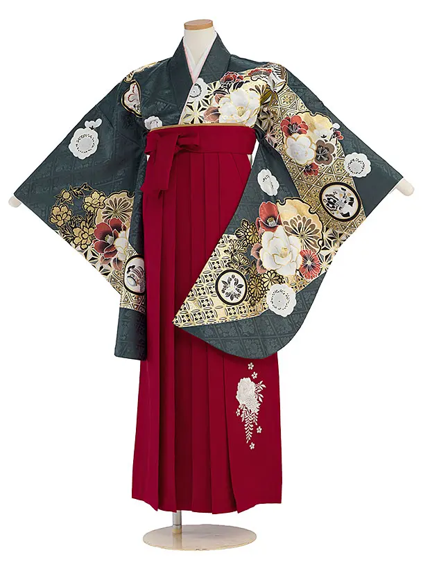 小学生卒業式かんたん袴（女の子）A104 深藍緑色 華雪輪／赤袴