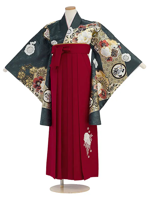 小学生卒業式かんたん袴（女の子）A104 深藍緑色 華雪輪／赤袴