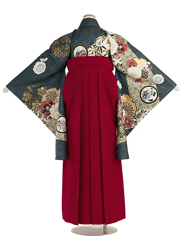 小学生卒業式かんたん袴（女の子）A104 深藍緑色 華雪輪／赤袴