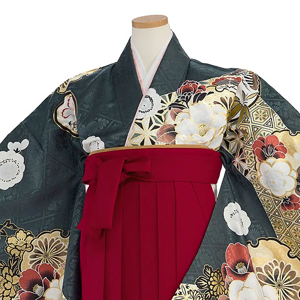 小学生卒業式かんたん袴（女の子）A104 深藍緑色 華雪輪／赤袴