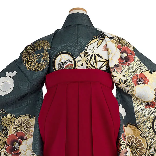 小学生卒業式かんたん袴（女の子）A104 深藍緑色 華雪輪／赤袴