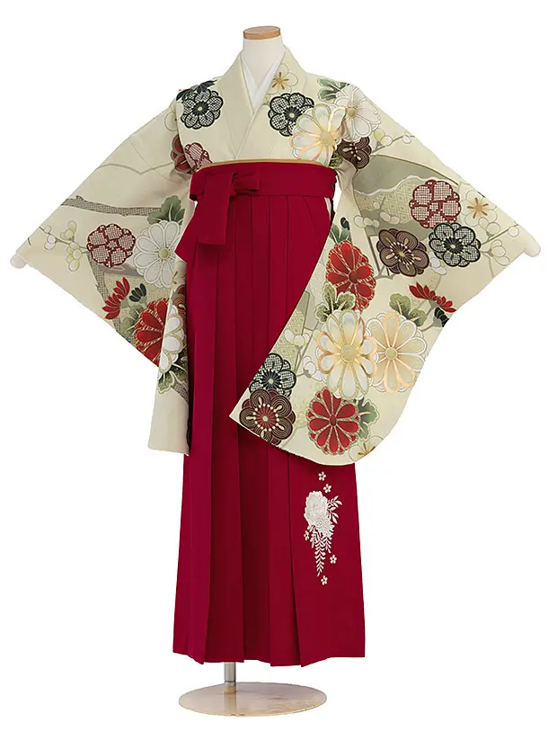 小学生卒業式かんたん袴（女の子）A105 クリーム 梅菊／赤袴