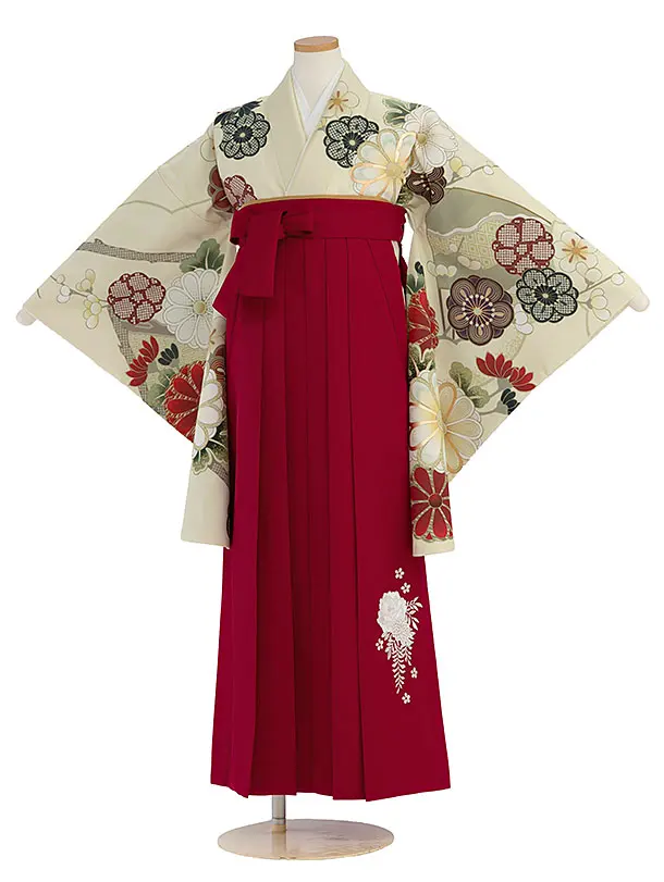 小学生卒業式かんたん袴（女の子）A105 クリーム 梅菊／赤袴