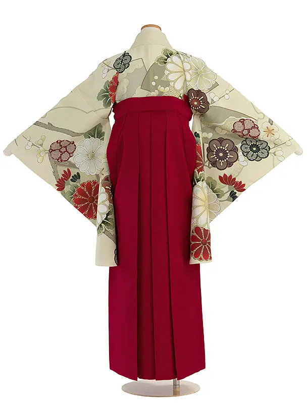 小学生卒業式かんたん袴（女の子）A105 クリーム 梅菊／赤袴