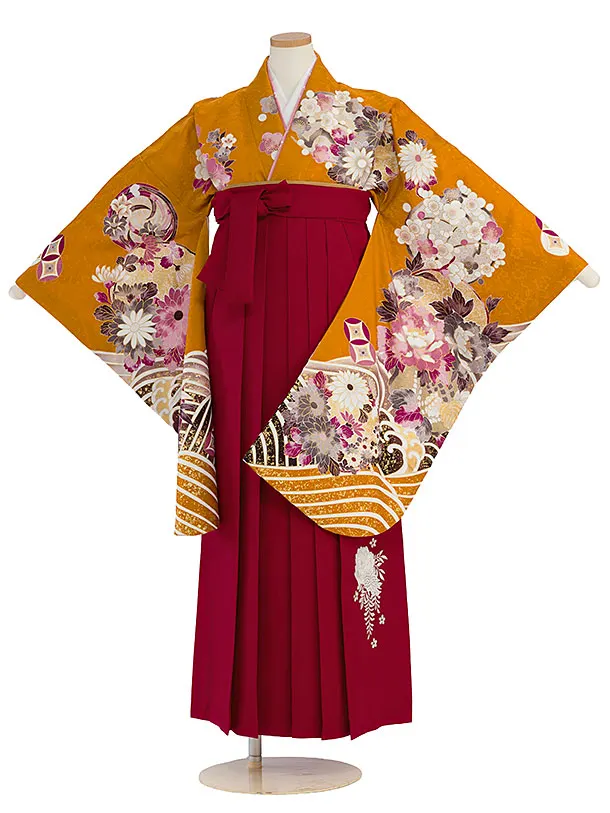 小学生卒業式かんたん袴（女の子）A106 マンダリンオレンジ 華波／赤袴