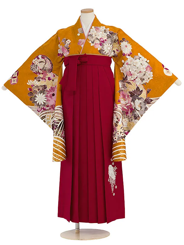 小学生卒業式かんたん袴（女の子）A106 マンダリンオレンジ 華波／赤袴