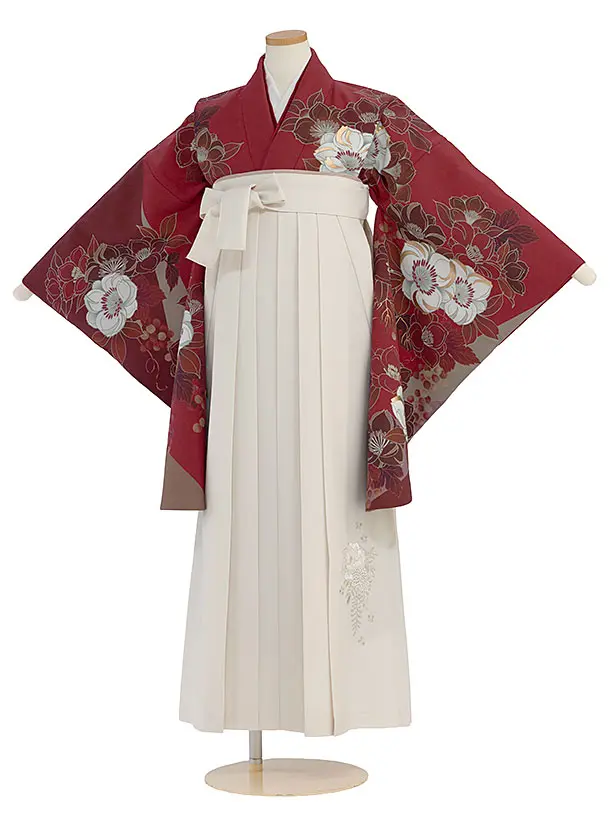 小学生卒業式かんたん袴（女の子）A108 渋赤 椿／オフホワイト袴