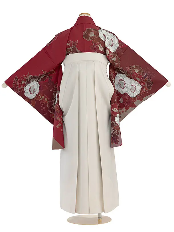 小学生卒業式かんたん袴（女の子）A108 渋赤 椿／オフホワイト袴