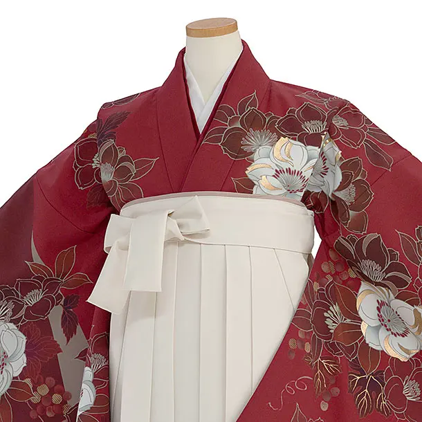 小学生卒業式かんたん袴（女の子）A108 渋赤 椿／オフホワイト袴