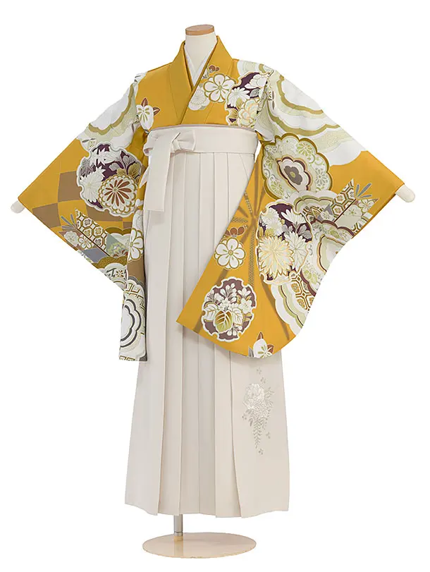 小学生卒業式かんたん袴（女の子）A109 からし色 華雪輪／オフホワイト袴