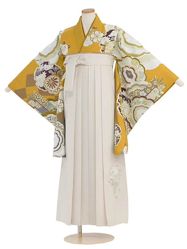 小学生卒業式かんたん袴（女の子）A109 からし色 華雪輪／オフホワイト袴