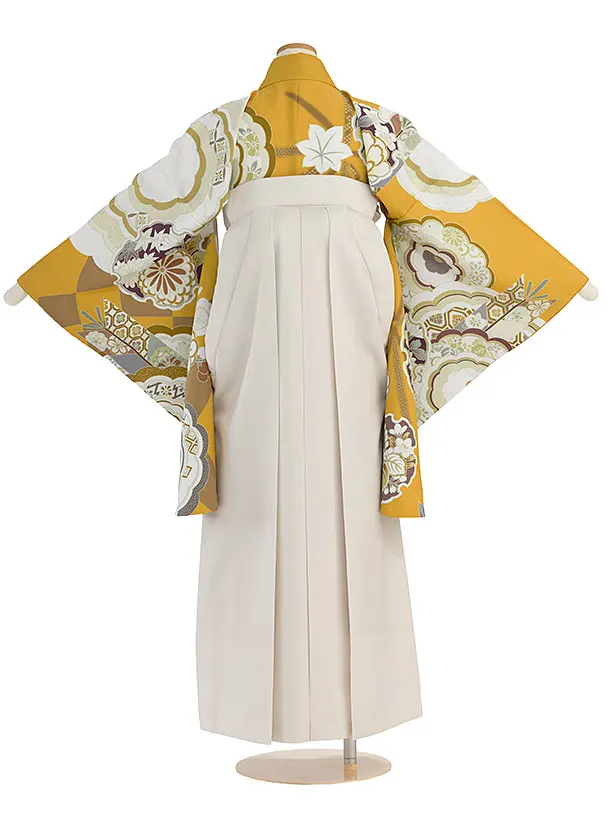 小学生卒業式かんたん袴（女の子）A109 からし色 華雪輪／オフホワイト袴