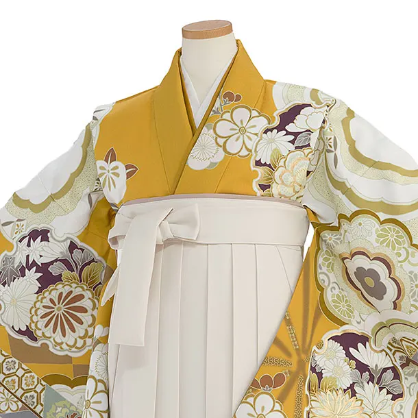 小学生卒業式かんたん袴（女の子）A109 からし色 華雪輪／オフホワイト袴