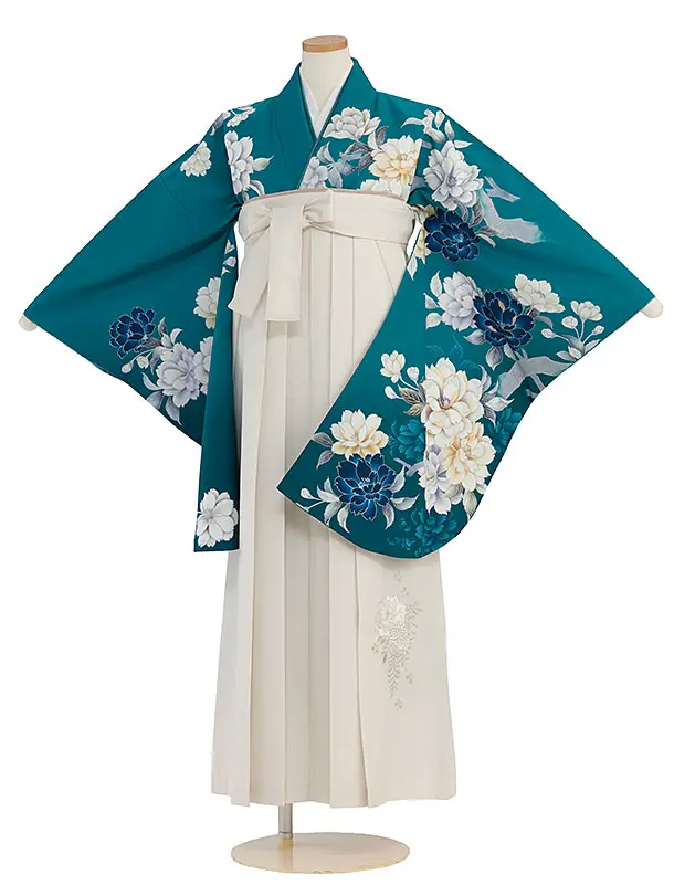 小学生卒業式かんたん袴（女の子）A110 ターコイズブルー 牡丹／オフホワイト袴