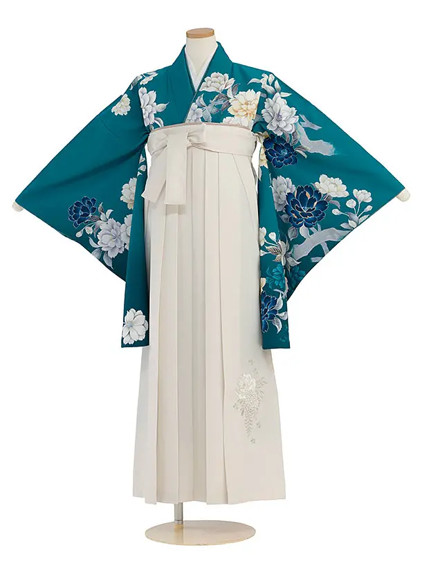 小学生卒業式かんたん袴（女の子）A110 ターコイズブルー 牡丹／オフホワイト袴