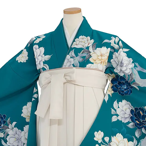 小学生卒業式かんたん袴（女の子）A110 ターコイズブルー 牡丹／オフホワイト袴