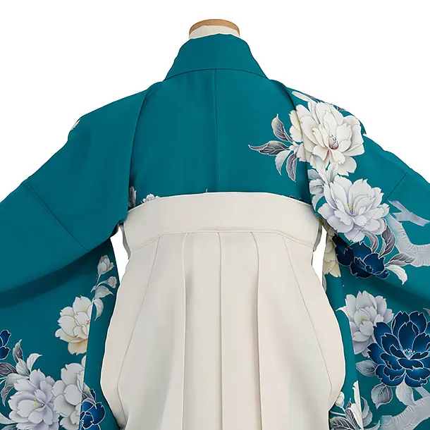 小学生卒業式かんたん袴（女の子）A110 ターコイズブルー 牡丹／オフホワイト袴