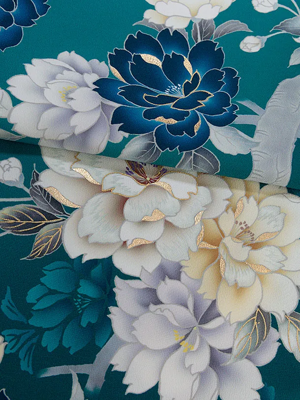 小学生卒業式かんたん袴（女の子）A110 ターコイズブルー 牡丹／オフホワイト袴