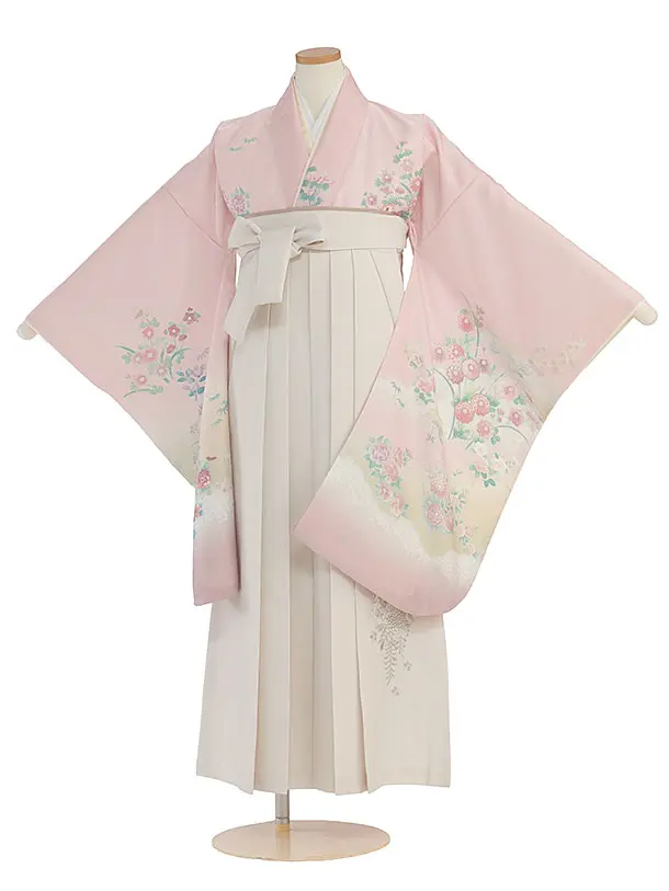 小学生卒業式かんたん袴（女の子）A111 薄ピンク 花華／オフホワイト袴