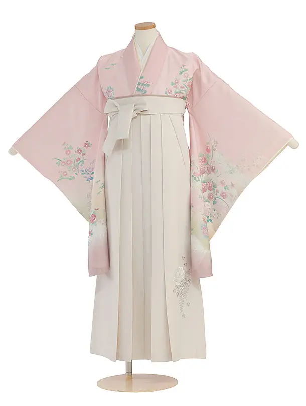 小学生卒業式かんたん袴（女の子）A111 薄ピンク 花華／オフホワイト袴