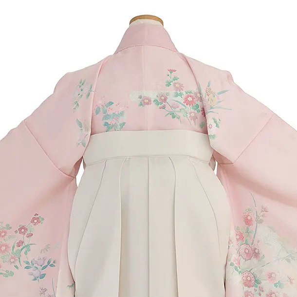 小学生卒業式かんたん袴（女の子）A111 薄ピンク 花華／オフホワイト袴
