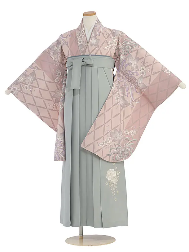 小学生卒業式かんたん袴（女の子）A112 くすみピンク 菊七宝つなぎ／グレー袴