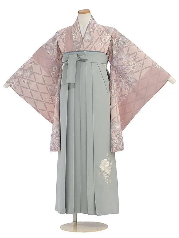 小学生卒業式かんたん袴（女の子）A112 くすみピンク 菊七宝つなぎ／グレー袴